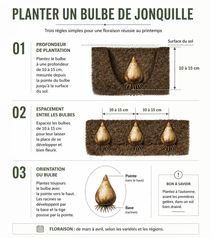 Schéma explicatif illustrant les étapes et la profondeur pour planter des jonquilles au jardin