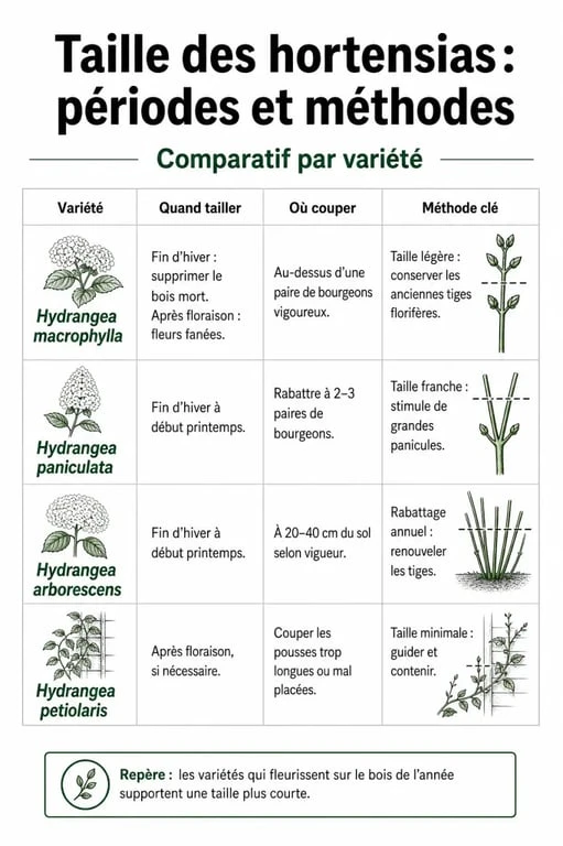 Tableau comparatif des périodes de taille des hortensias selon les variétés pour réussir la floraison