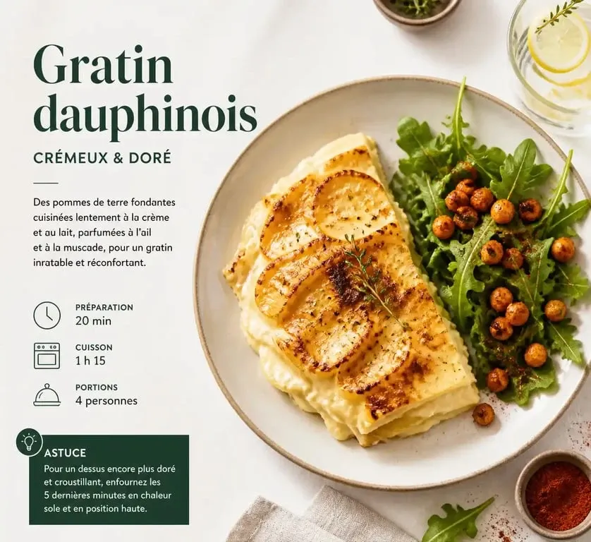Gratin dauphinois sans viande accompagné de salade et pois chiches