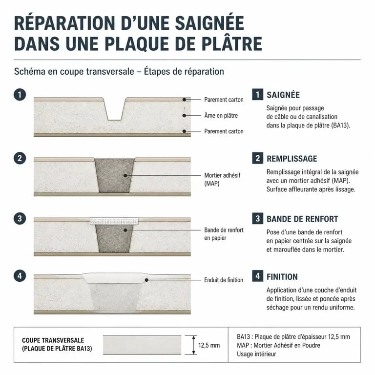 Schéma technique des étapes pour reboucher une saignée dans du placo