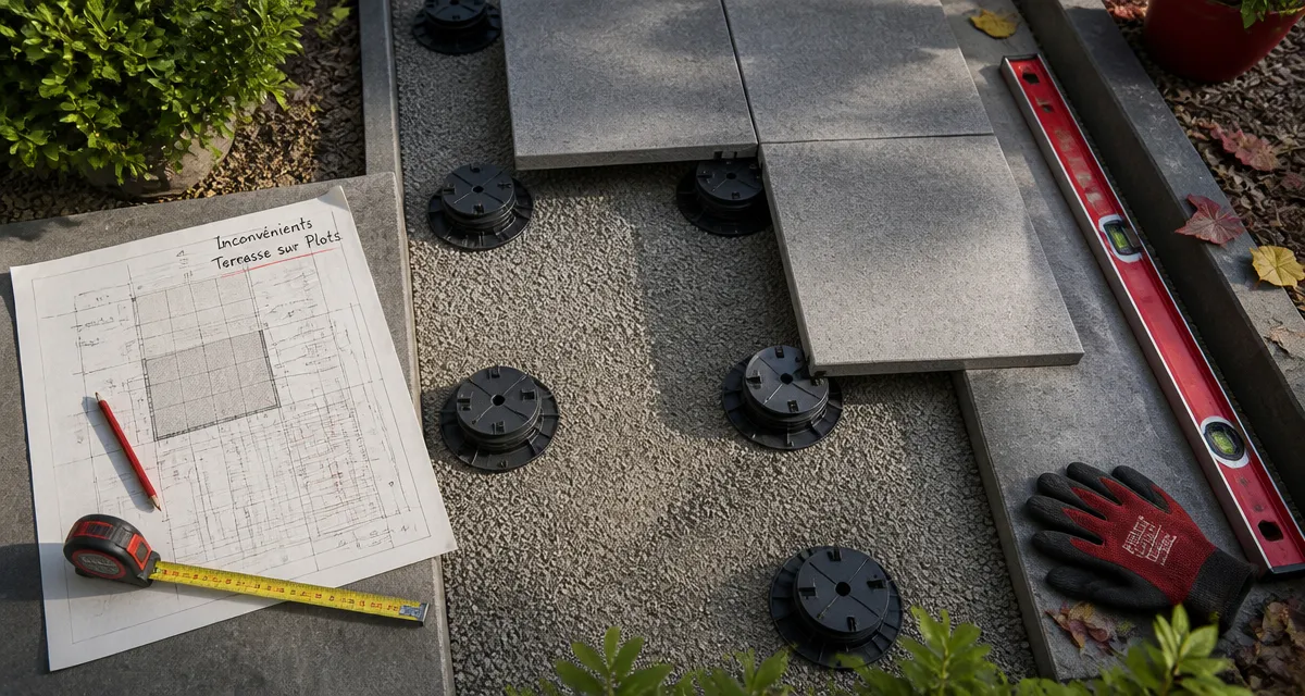 inconvénient terrasse sur plot en chantier, plan technique et outils