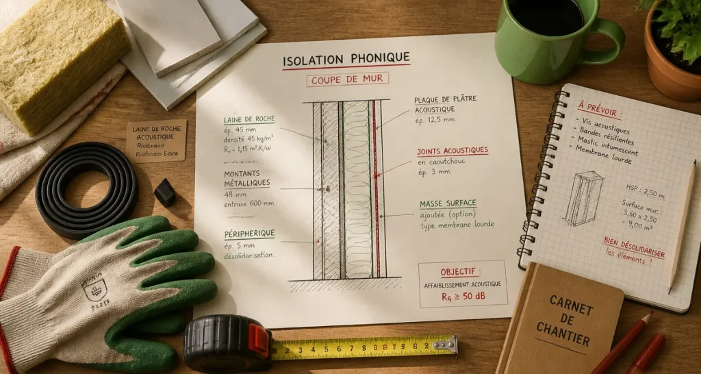 Isoler phoniquement une pièce, vue d'échantillons et plan
