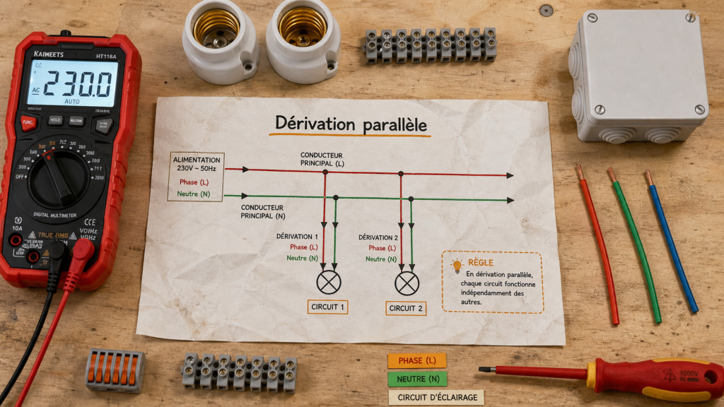 Montage en dérivation : borniers, 2 boucles, installation fiable