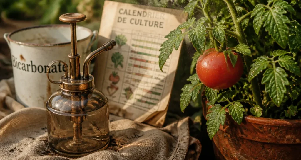 Par quoi remplacer la bouillie bordelaise : pulvérisateur de bicarbonate sur tomate saine au potager