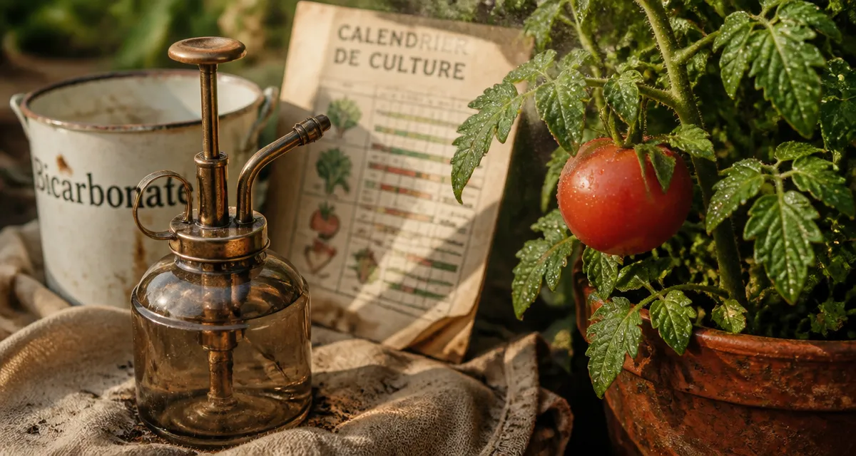 Par quoi remplacer la bouillie bordelaise : pulvérisateur de bicarbonate sur tomate saine au potager