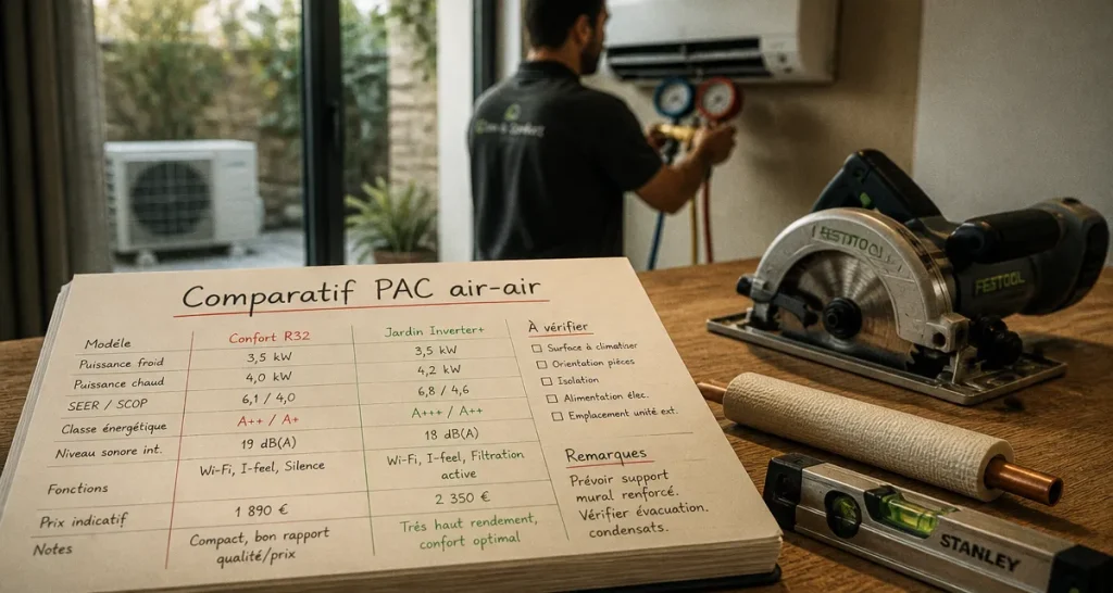 Prix clim réversible : devis PAC air-air sur table