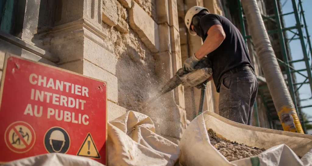 Prix piquage mur en pierre m2 : maçon et marteau piqueur sur façade