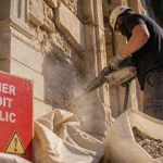 Prix piquage mur en pierre m2 : maçon et marteau piqueur sur façade