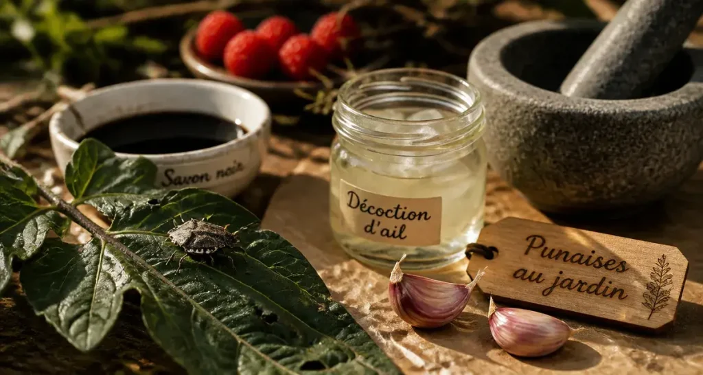 Punaise de jardin sur feuille de tomate, décoction d’ail et savon noir