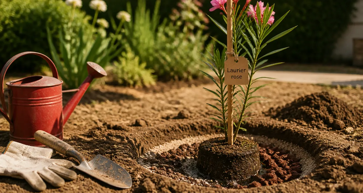 Quand planter un laurier rose en pleine terre : jeune plant en fosse
