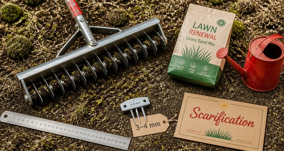 Quand scarifier pelouse : scarificateur, réglage 3–4 mm, mousse et débris