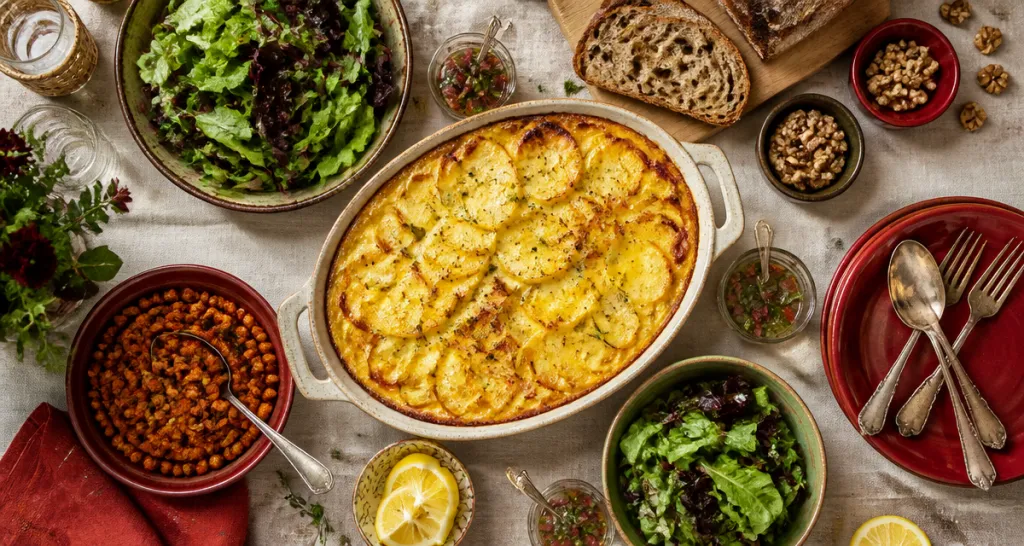 Que manger avec un gratin dauphinois sans viande, table avec gratin, salades, pois chiches, pain