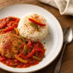 Accompagnement poulet basquaise : riz pilaf, piperade et piment d’Espelette