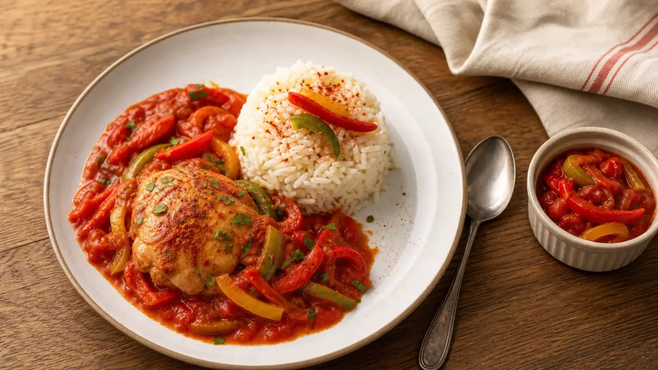 Accompagnement poulet basquaise : riz pilaf, piperade et piment d’Espelette