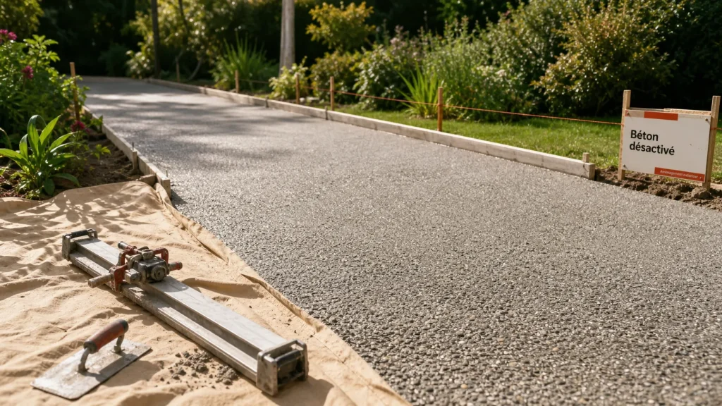 Allee beton en béton désactivé frais, truelle et trame de finition
