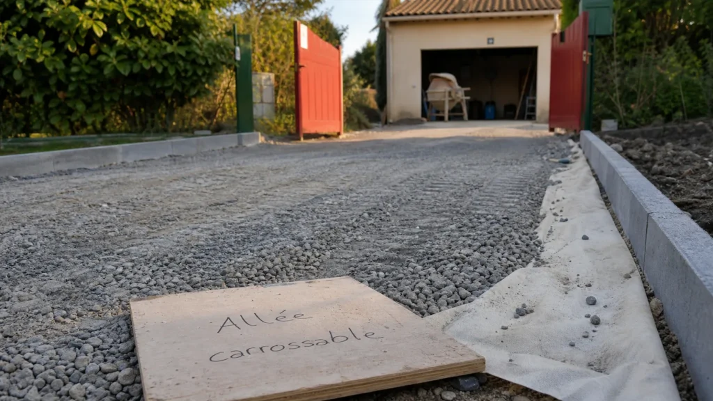 Allée carrossable pas cher en gravier, fondation et géotextile visible