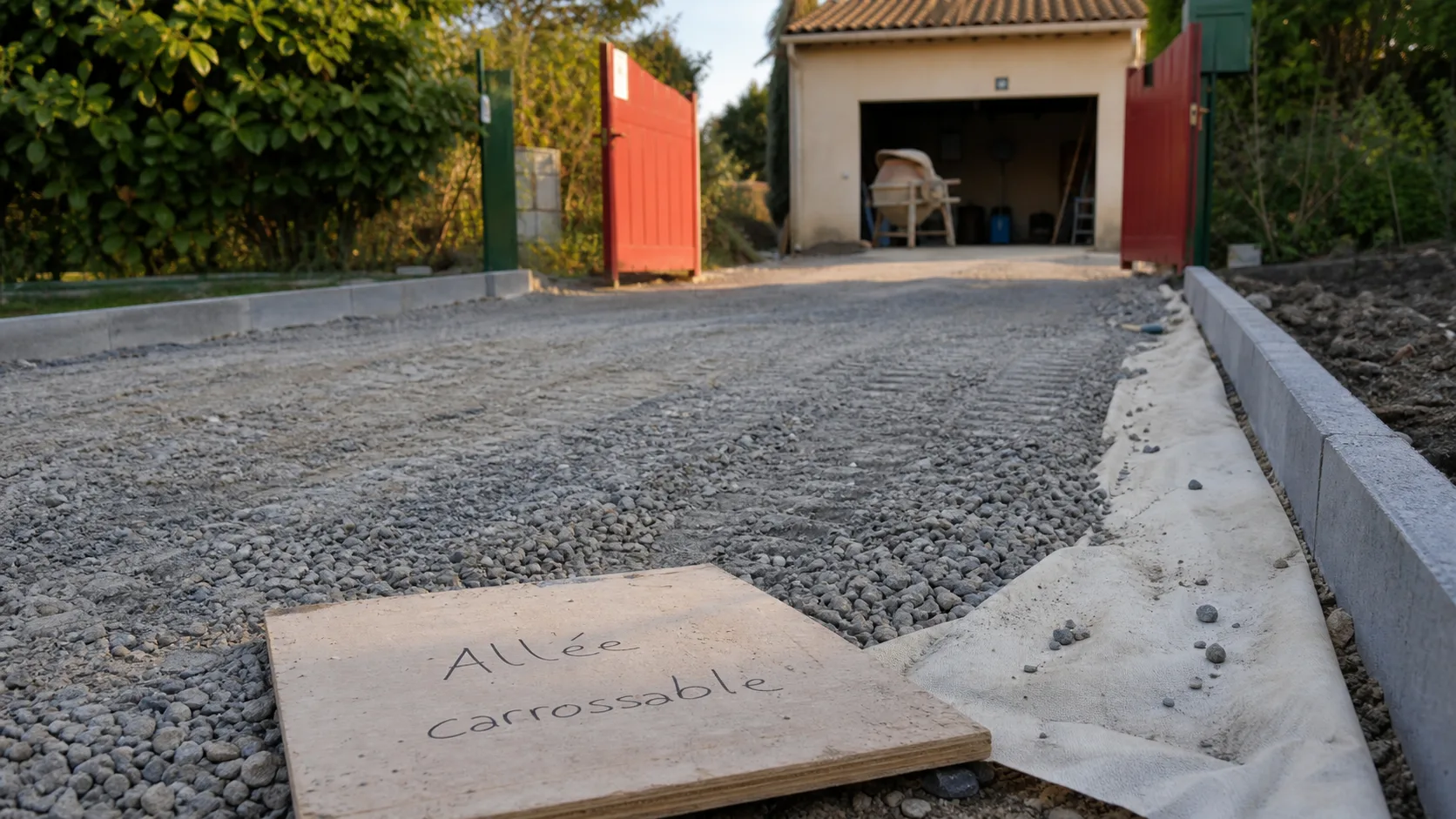 Allée carrossable pas cher en gravier, fondation et géotextile visible