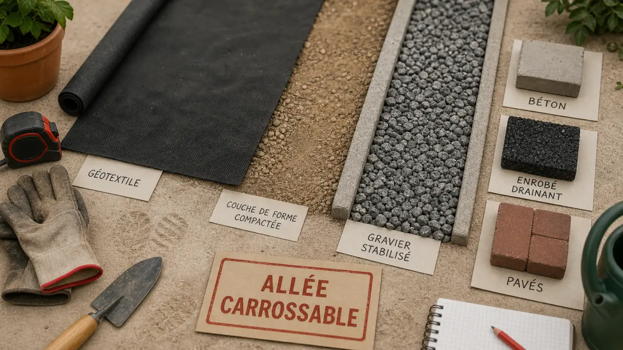 Allée carrossable pas chere : gravier avec géotextile et fondation stable