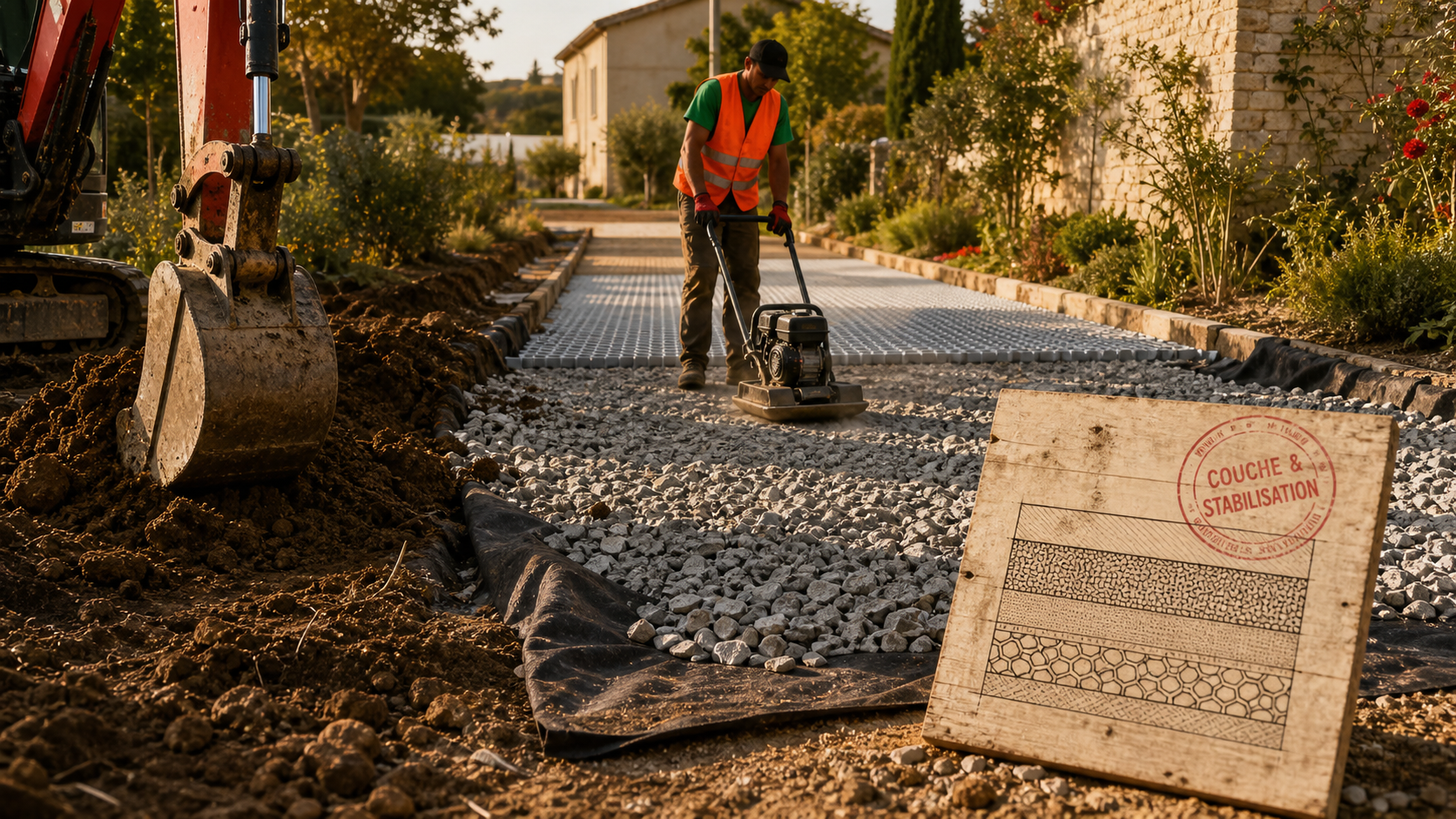 Allée en gravier : stabiliser le lit de gravier avec géotextile et compactage