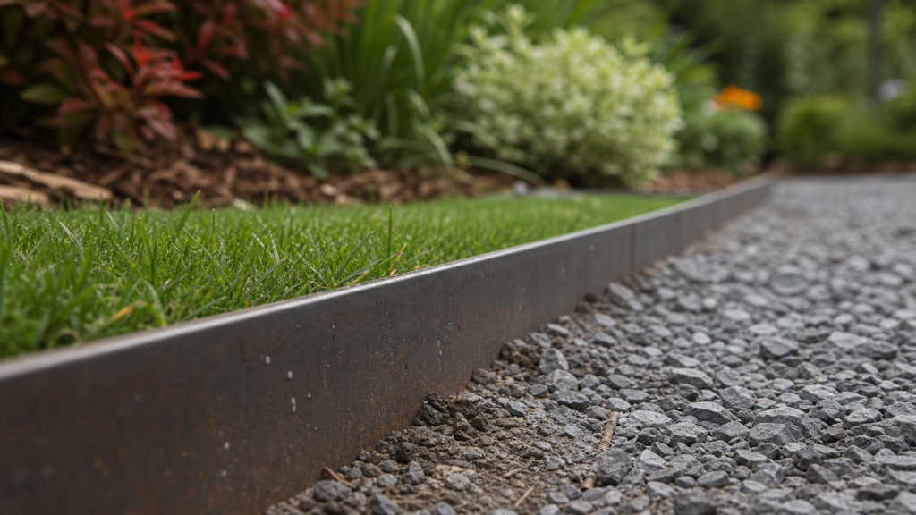 Bordure de jardin en metal en acier entre pelouse et gravier