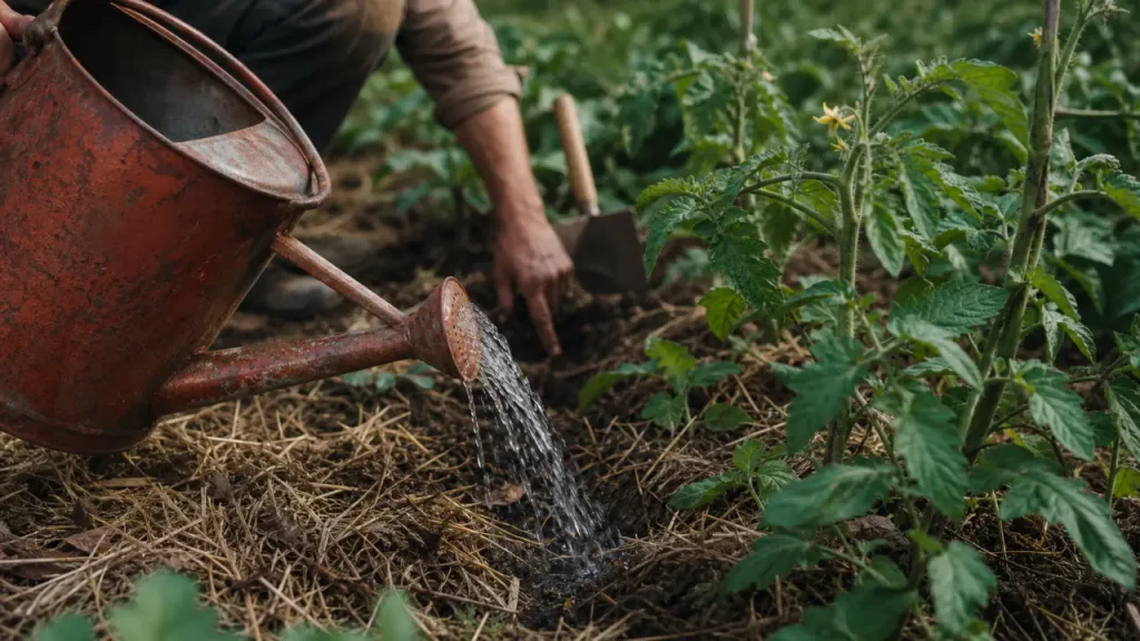 comment bien arroser son potager, arrosoir au matin au pied des tomates
