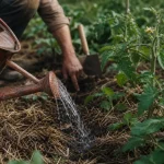 comment bien arroser son potager, arrosoir au matin au pied des tomates
