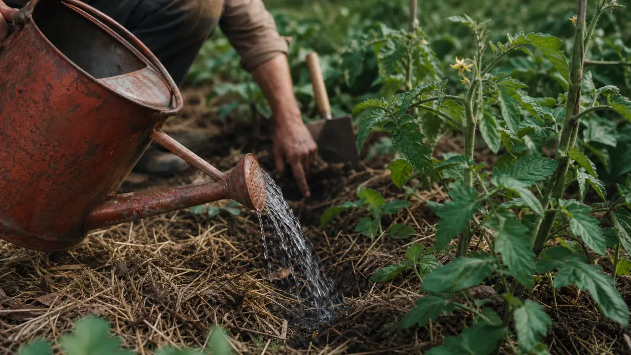 comment bien arroser son potager, arrosoir au matin au pied des tomates