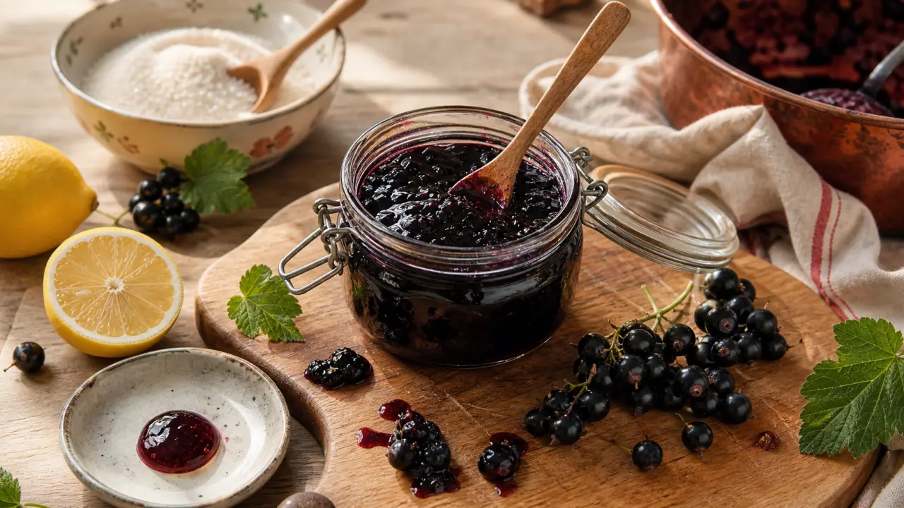 Confiture de cassis maison : pot en verre et cassis frais