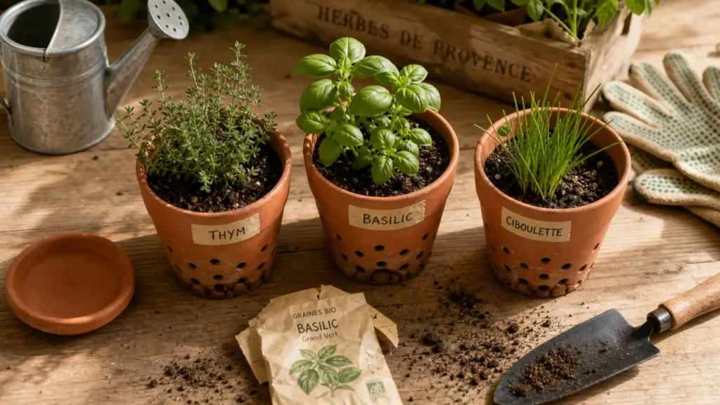 Cultiver des aromatiques en pot avec drainage en terre cuite, thym basilic ciboulette
