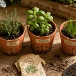 Cultiver des aromatiques en pot avec drainage en terre cuite, thym basilic ciboulette