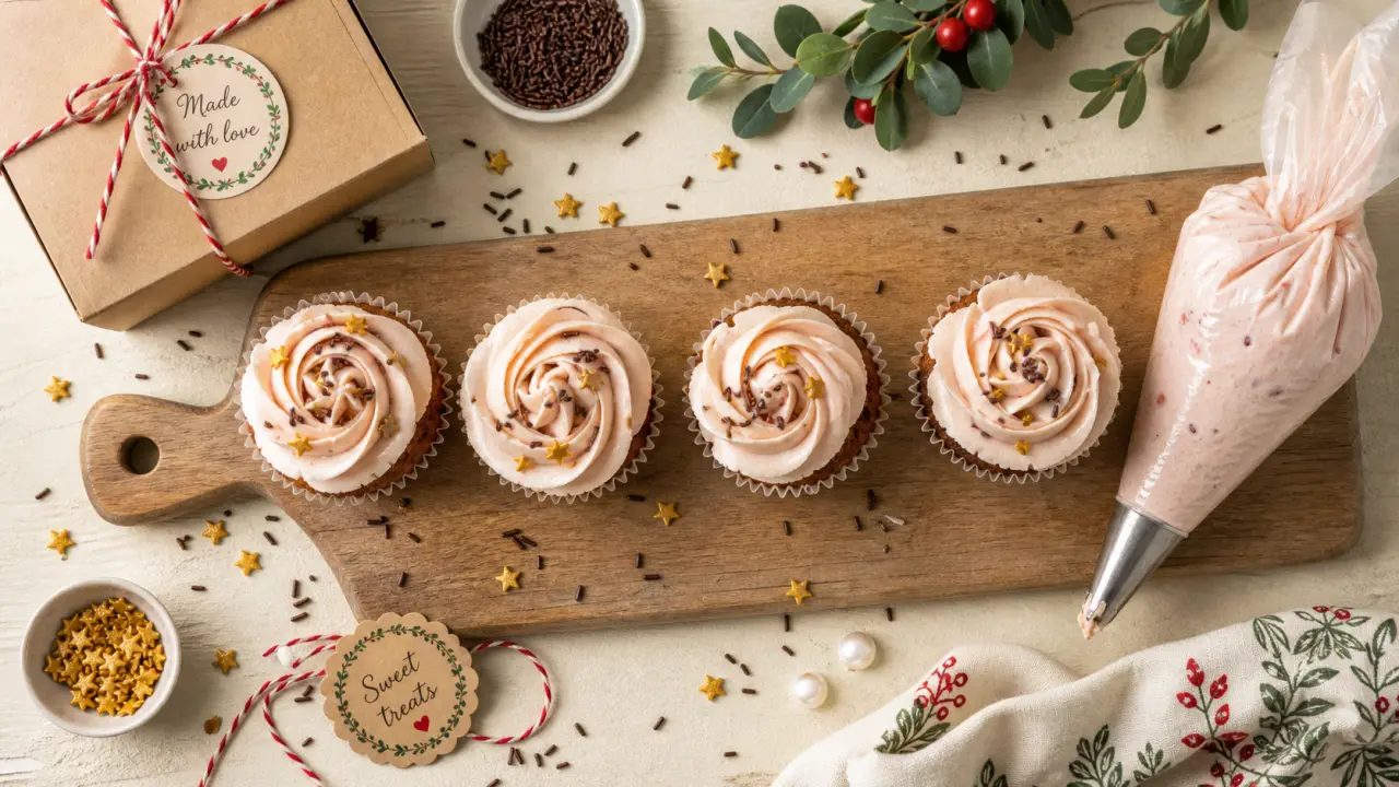 Decoration muffins : topping vanille rosé et sprinkles bien posés sur muffins