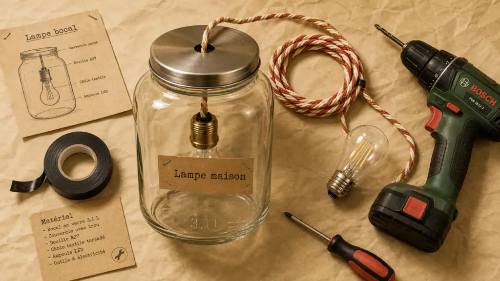 DIY lampe : bocal en verre transformé en luminaire design
