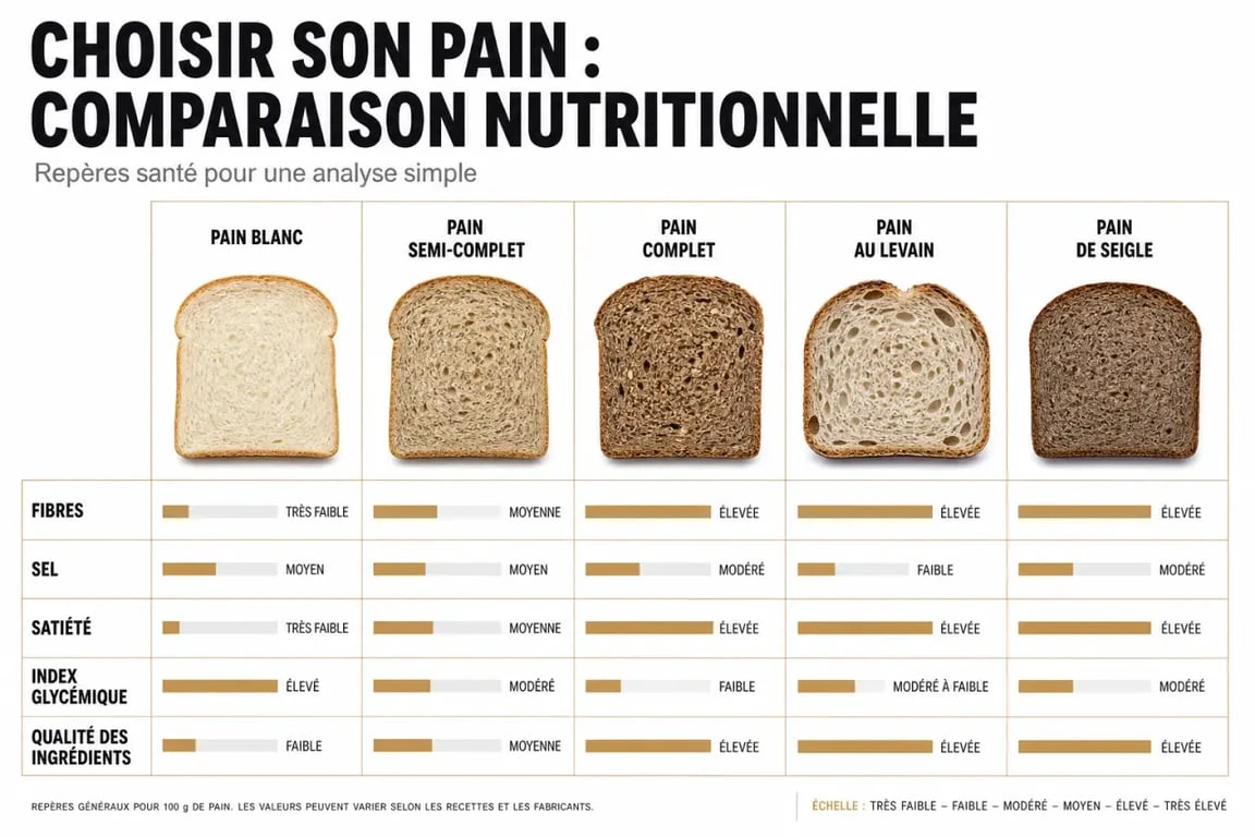 Quel pain manger : comparaison visuelle entre pain blanc, pain complet, pain semi-complet, pain au levain et pain de seigle