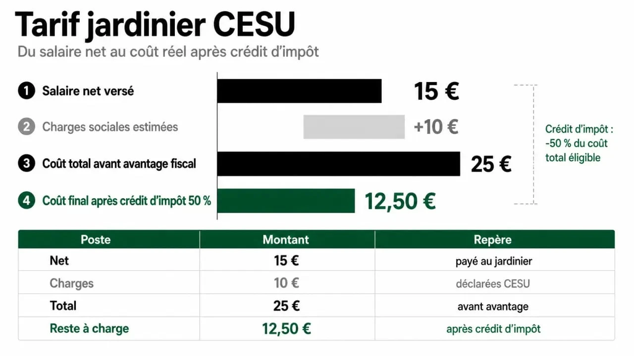 Tarif jardinier CESU : comparaison visuelle du salaire net, des charges et du coût final après crédit d'impôt