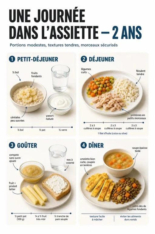 Repas bébé 2 ans : menu type d’une journée avec petits-déjeuners, déjeuner, goûter et dîner
