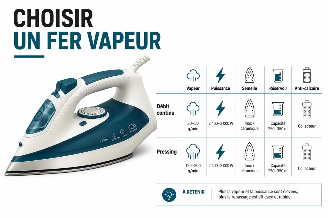 Comment choisir un fer à repasser : comparaison visuelle des critères vapeur, puissance, semelle et réservoir