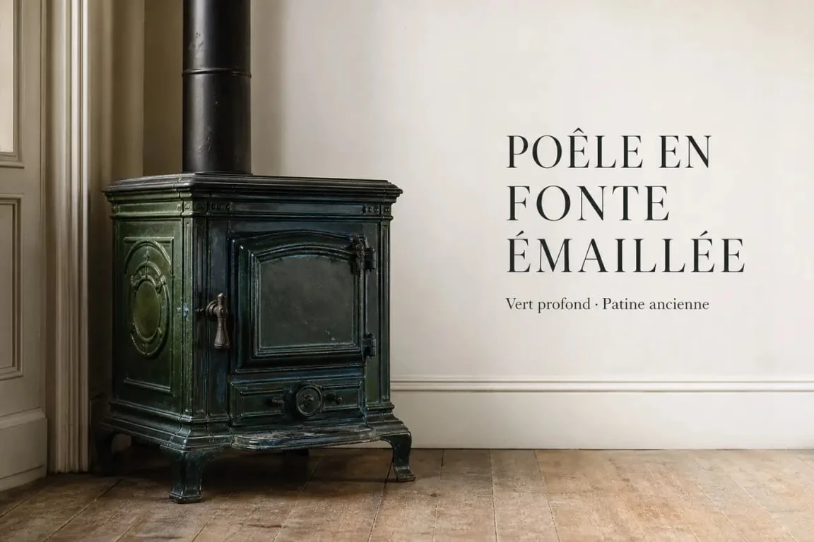 Vieux poele a bois en fonte émaillée vert patiné dans un intérieur ancien