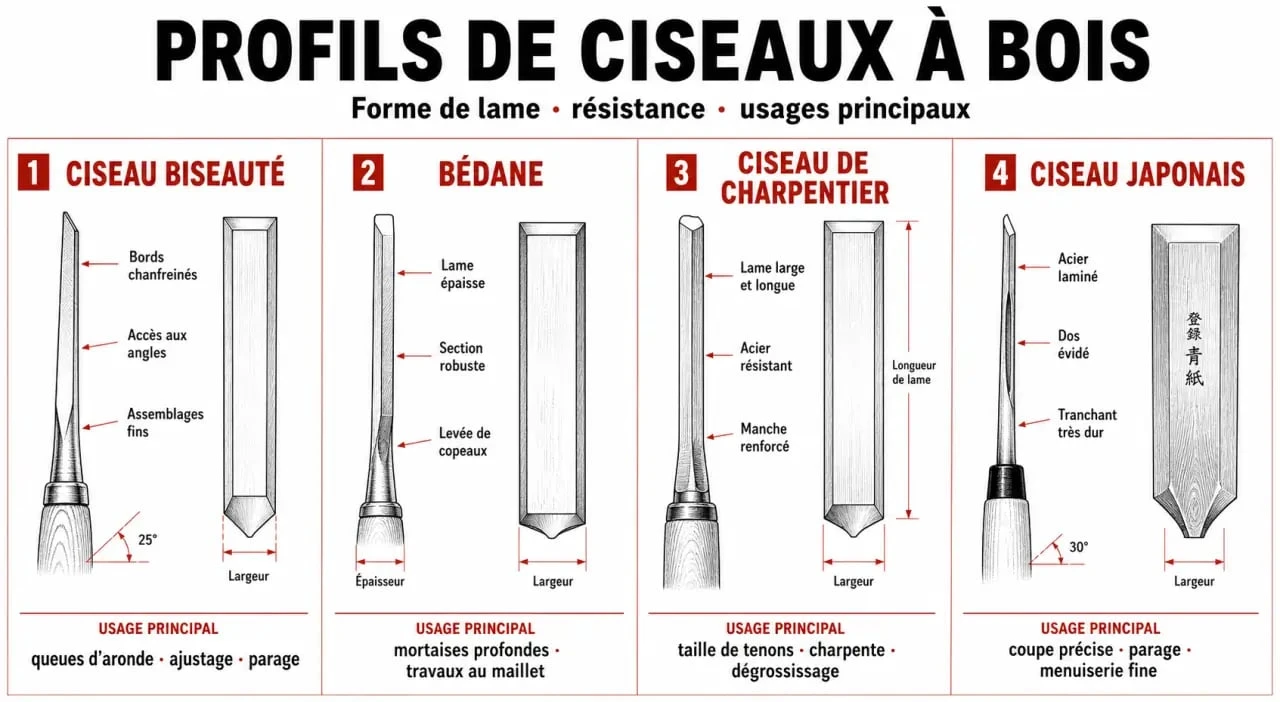 Infographie comparative des différents types de ciseaux à bois pour menuiserie
