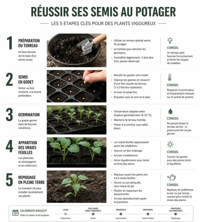Étapes clés pour réussir ses semis au potager : du godet à la plantation