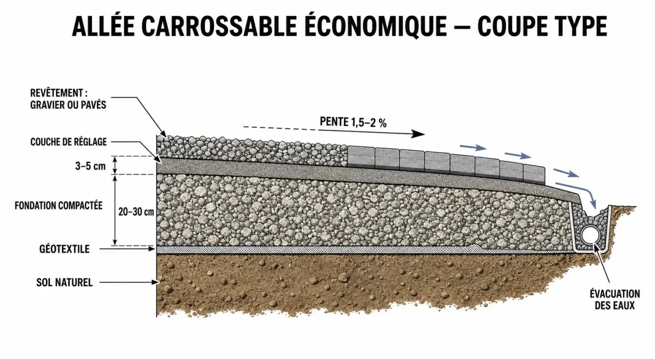 Schéma d’allée carrossable pas cher montrant les couches de fondation, géotextile, drainage et revêtement