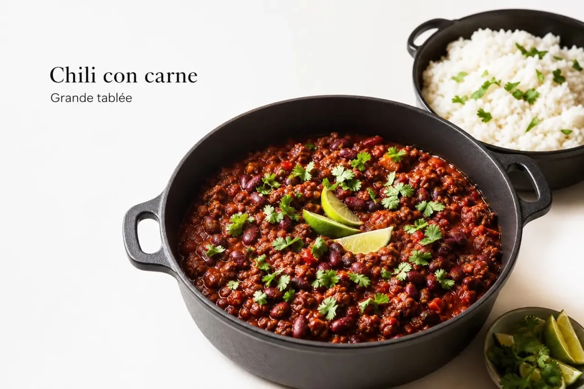 Plat unique pour 12 personnes : chili con carne généreux servi dans une grande cocotte avec riz et garnitures fraîches