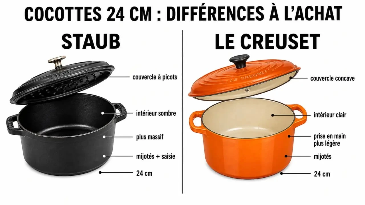 Comparatif cocotte Staub Le Creuset avec différences de couvercle, émail intérieur, poids et usages