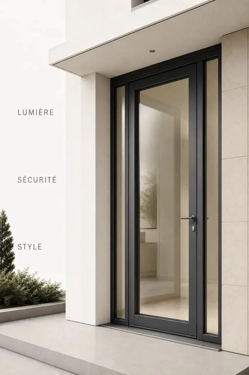 Porte d’entrée alu vitrée sur une maison contemporaine, design sobre et lumineux