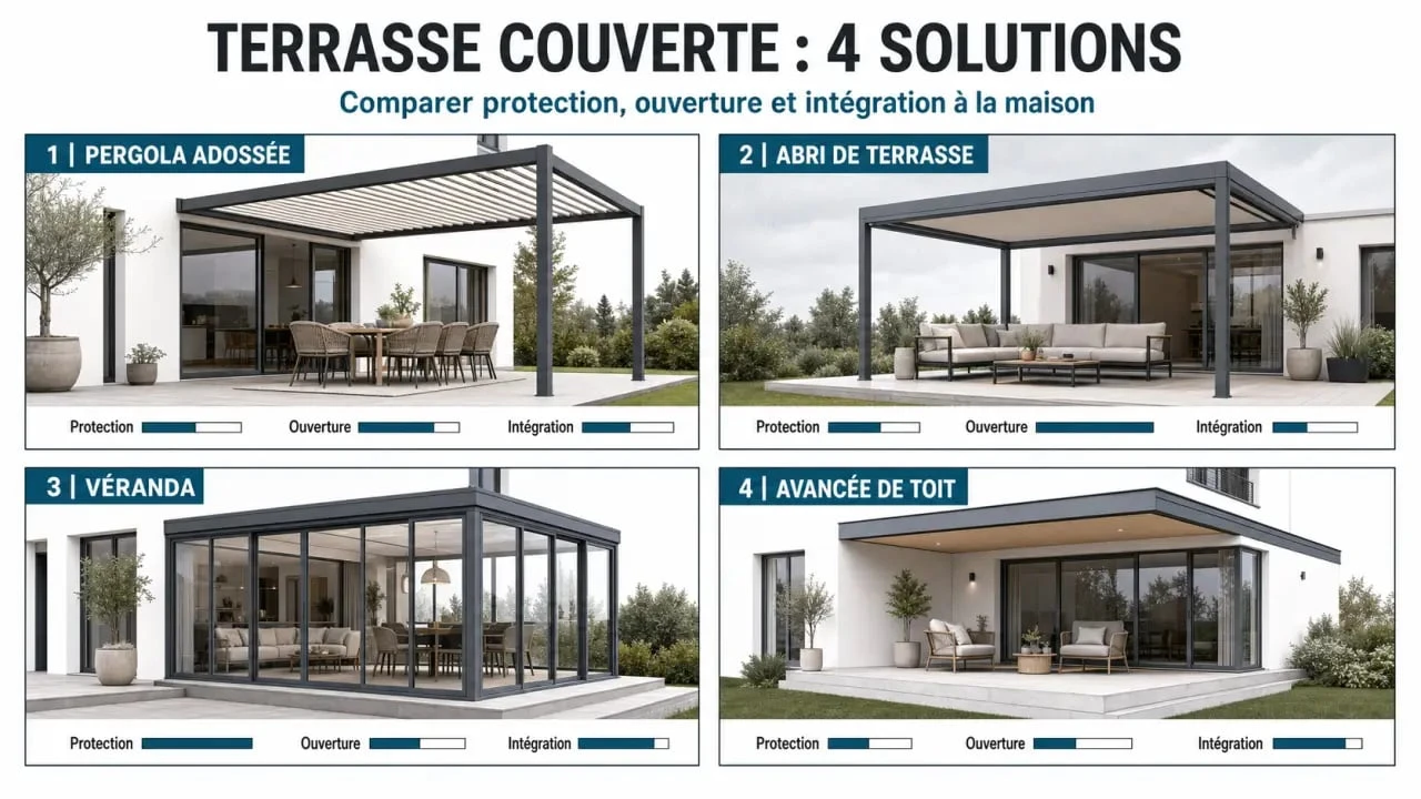 Terrasse couverte maison : comparaison visuelle entre pergola, abri de terrasse, véranda et avancée de toit