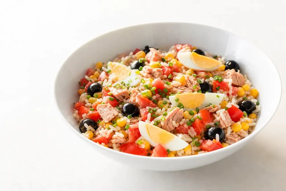 Recette salade de riz au thon servie dans un grand saladier, avec riz, thon, tomates, maïs, olives et œufs