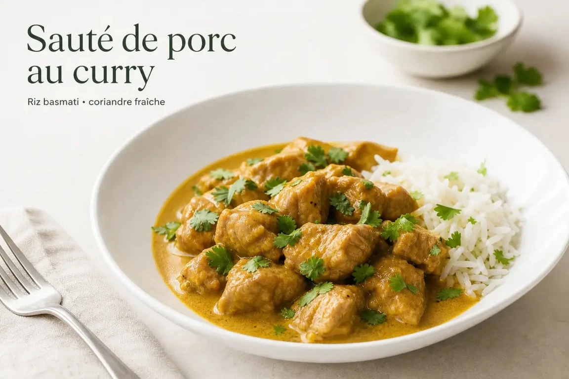Recette sauté de porc curry tendre au lait de coco servi avec riz basmati