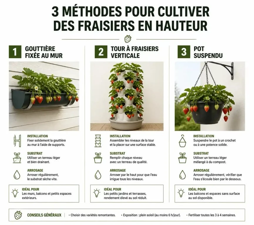 Méthodes de plantation de fraisier en hauteur : gouttière, tour et pot suspendu