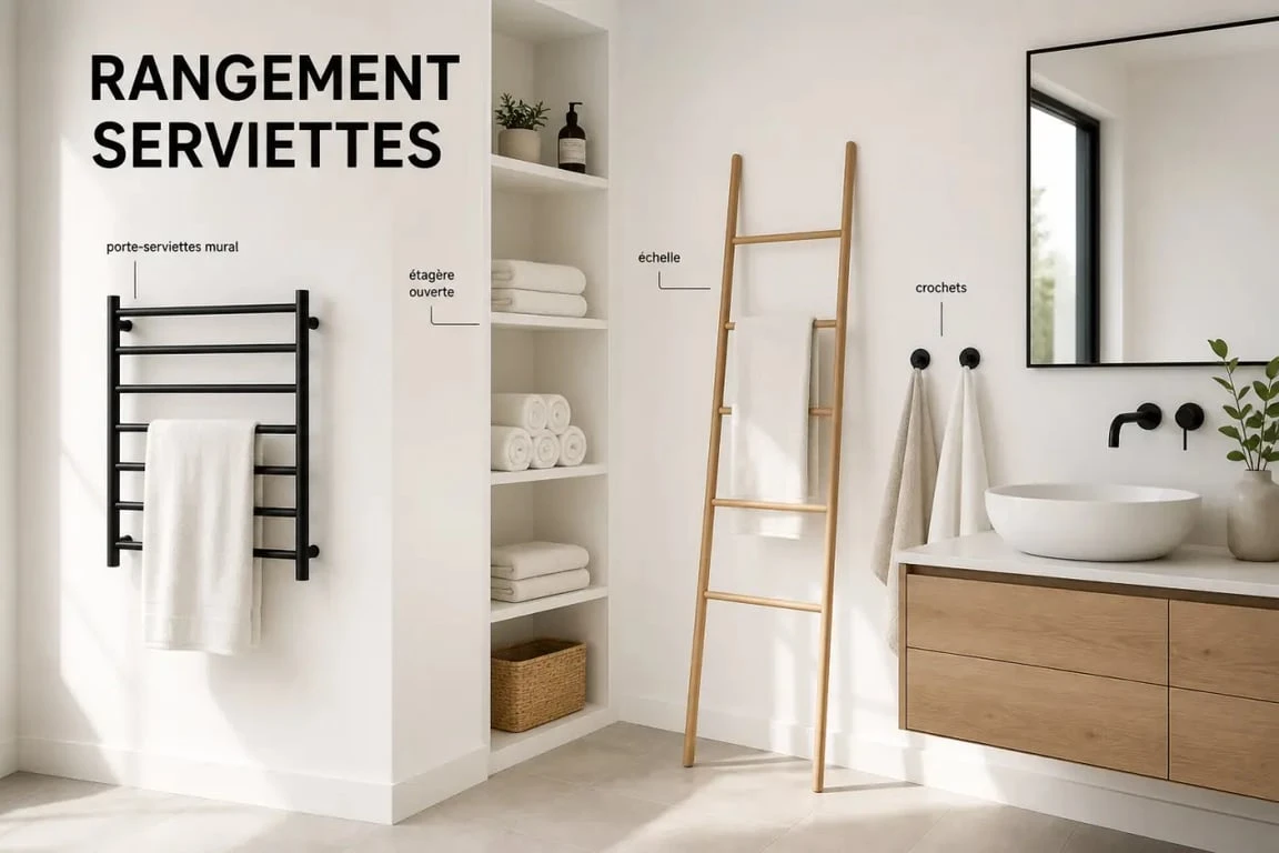 Rangement serviette dans une salle de bain moderne avec porte-serviettes mural, étagère et serviettes pliées