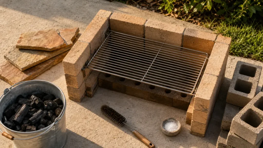 Faire un barbecue maison : barbecue en brique réfractaire sur dalle béton, grille inox