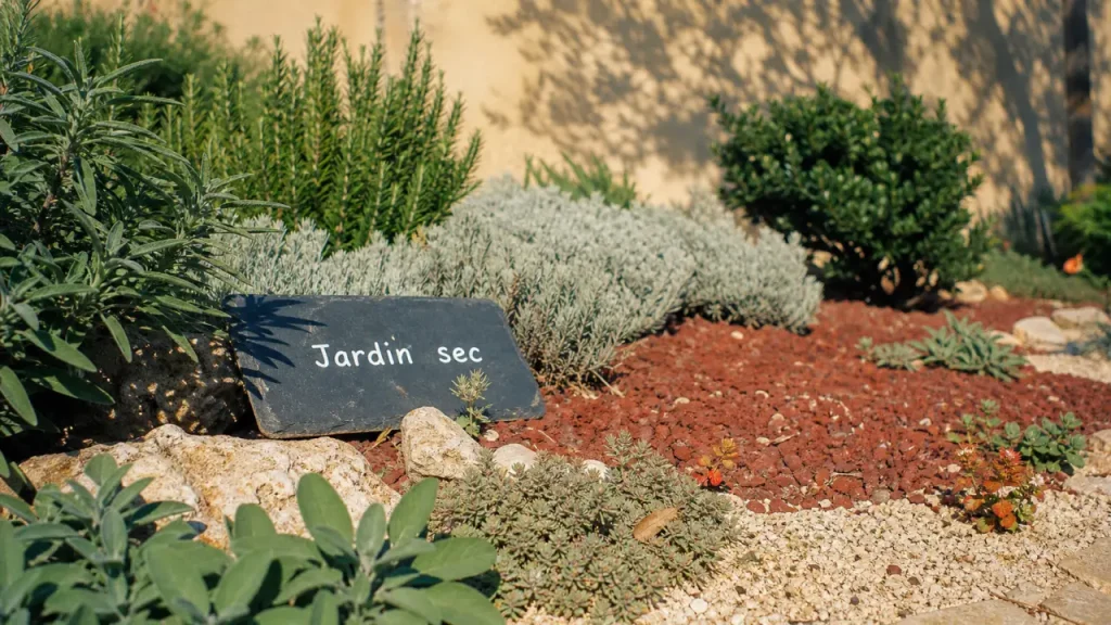 Jardin méditerranéen sans entretien avec gravier, pouzzolane et aromatiques